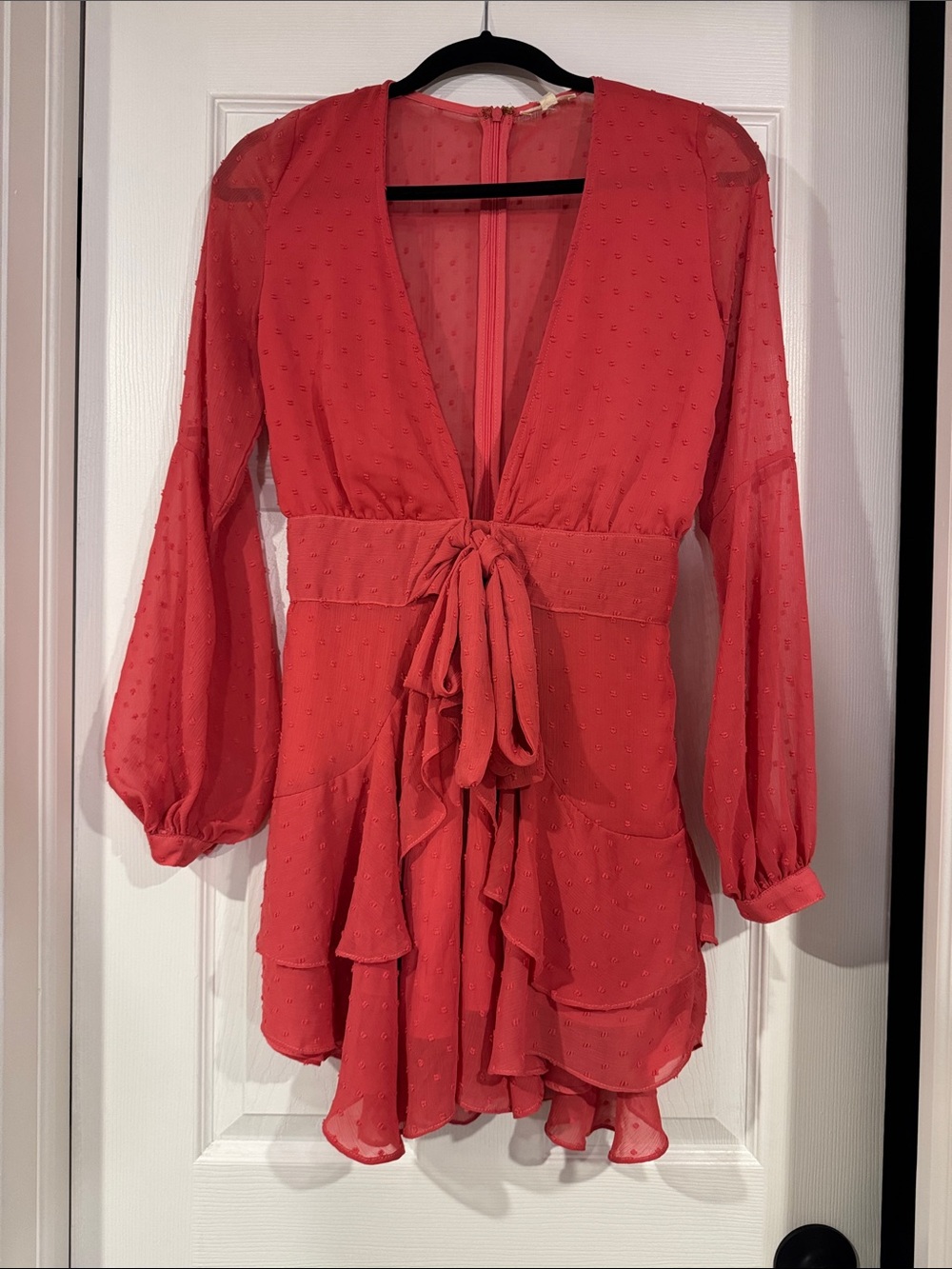 For Love And Lemons Coral Red Plunge Tie-Waist Ruffle Dress